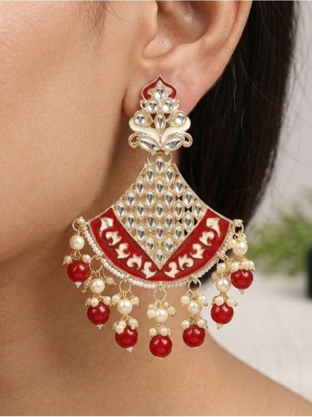 Red Meenakari Kundan Chandbali Earrings | Traditional Indian Bridal Dangles